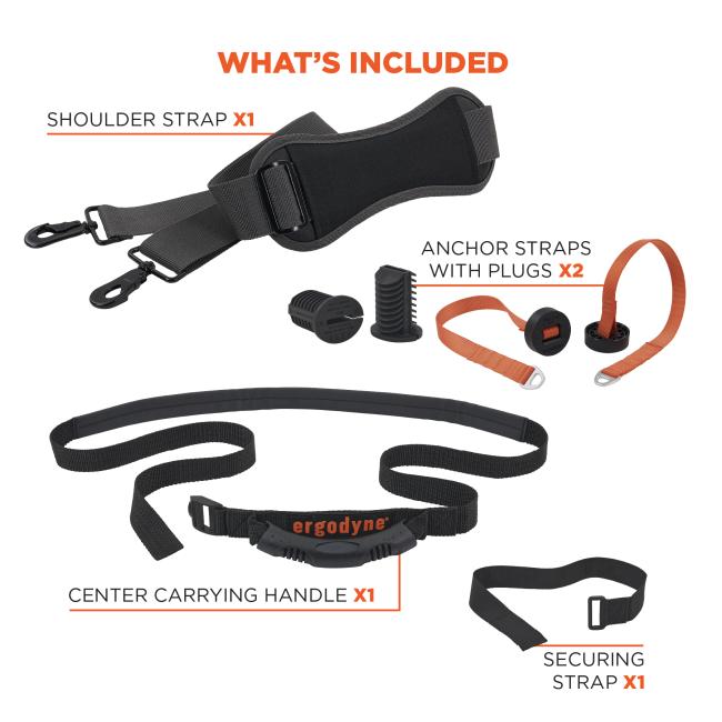 What's Included: Shoulder strap ×1, anchor straps with plugs ×2, center carrying handle ×1, securing strap ×1.