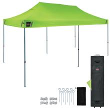 Fully assembled tent is shown with frame and canopy installed. The setup illustrates the overall structure and coverage area.