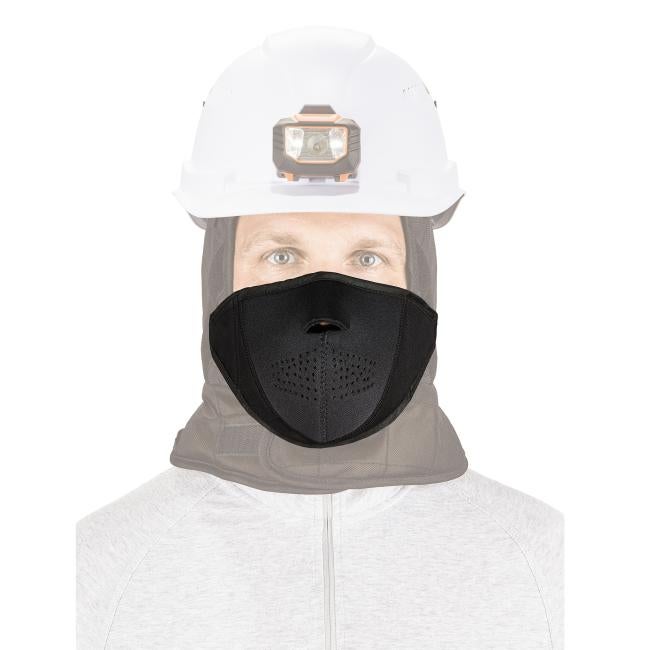 Front view of a faded model wearing a prominent black neoprene thermal mouthpiece