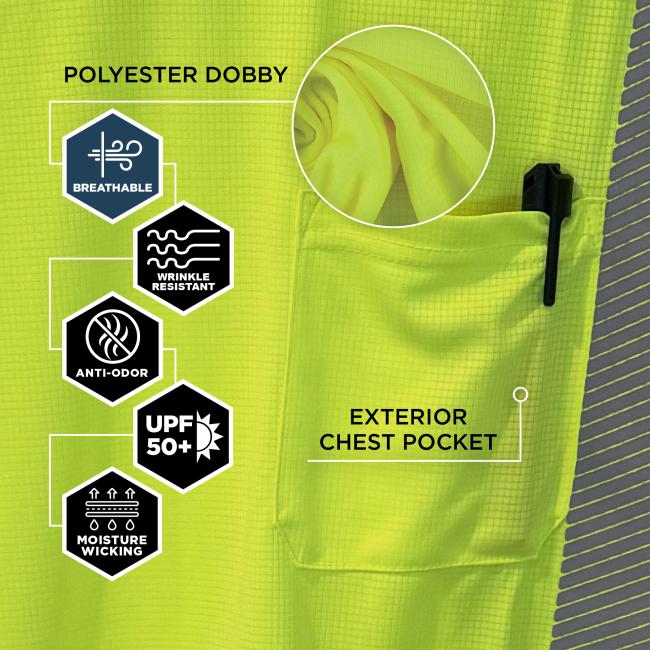 The shirt is made from breathable, wrinkle-resistant polyester dobby material with anti-odor and moisture-wicking properties, and provides UPF 50+ sun protection. It also features an exterior chest pocket.