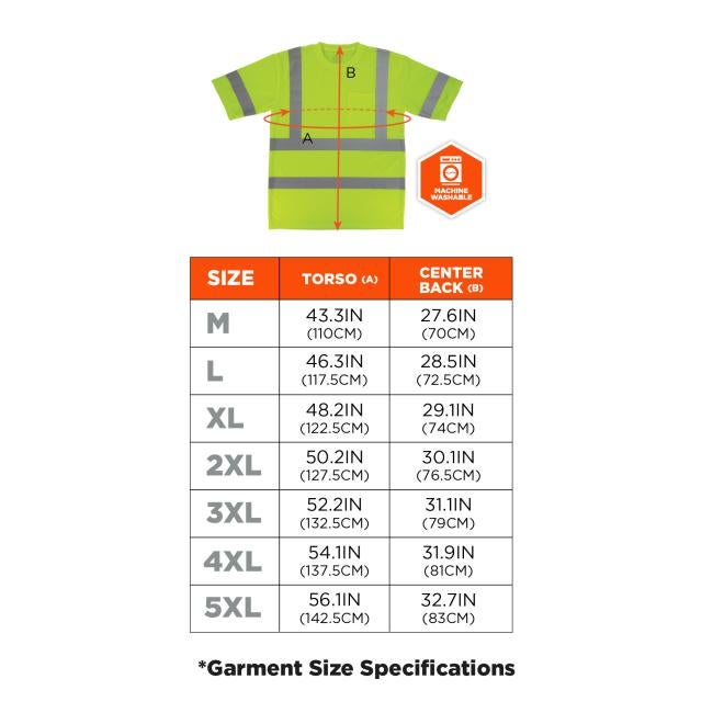 Size chart. Medium (M): Torso 43.3IN (110CM) Center Back 27.6IN (70CM). Large (L): Torso 46.3IN (117.5CM) Center Back 28.5IN (72.5CM). Extra Large (XL): Torso 48.2IN (122.5CM) Center Back 29.1IN (74CM). 2X Large (2XL): Torso 50.2IN (127.5CM) Center Back 30.1IN (76.5CM). 3X Large (3XL): Torso 52.2IN (132.5CM) Center Back 31.1IN (79CM). 4X Large (4XL): Torso 54.1IN (137.5CM) Center Back 31.9IN (81CM). 5X Large (5XL): Torso 56.1IN (142.5CM) Center Back 32.7IN (83CM). Machine washable