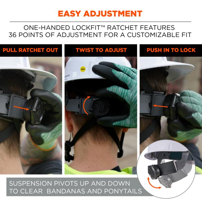 Easy adjustment: one-handed lockfit ratchet features 36 points of adjustment for a customizable fit. Pull ratchet out, twist to adjust, and push to lock in. Suspension pivots up and down to clear bandanas and ponytails.