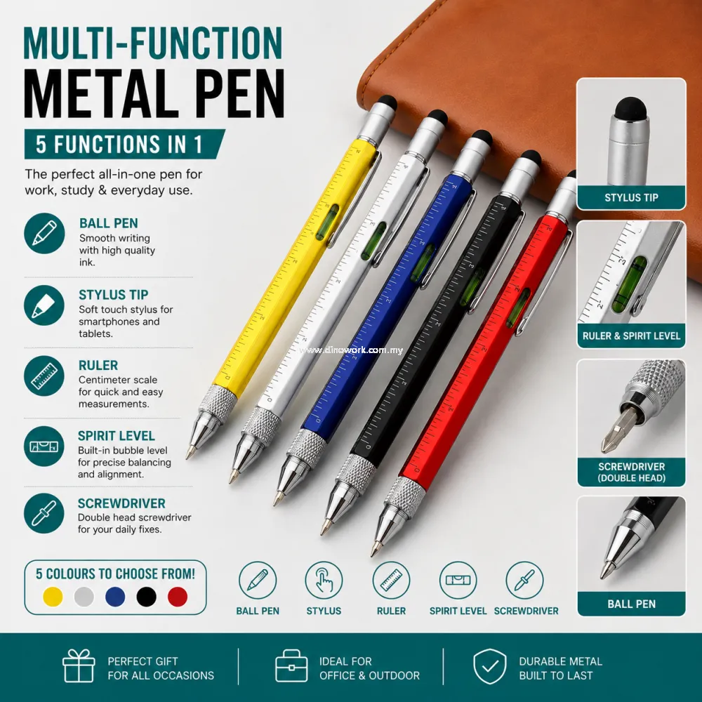 Multi-Function Metal Stylus Pen with Screwdriver, Built-In Ruler & Level