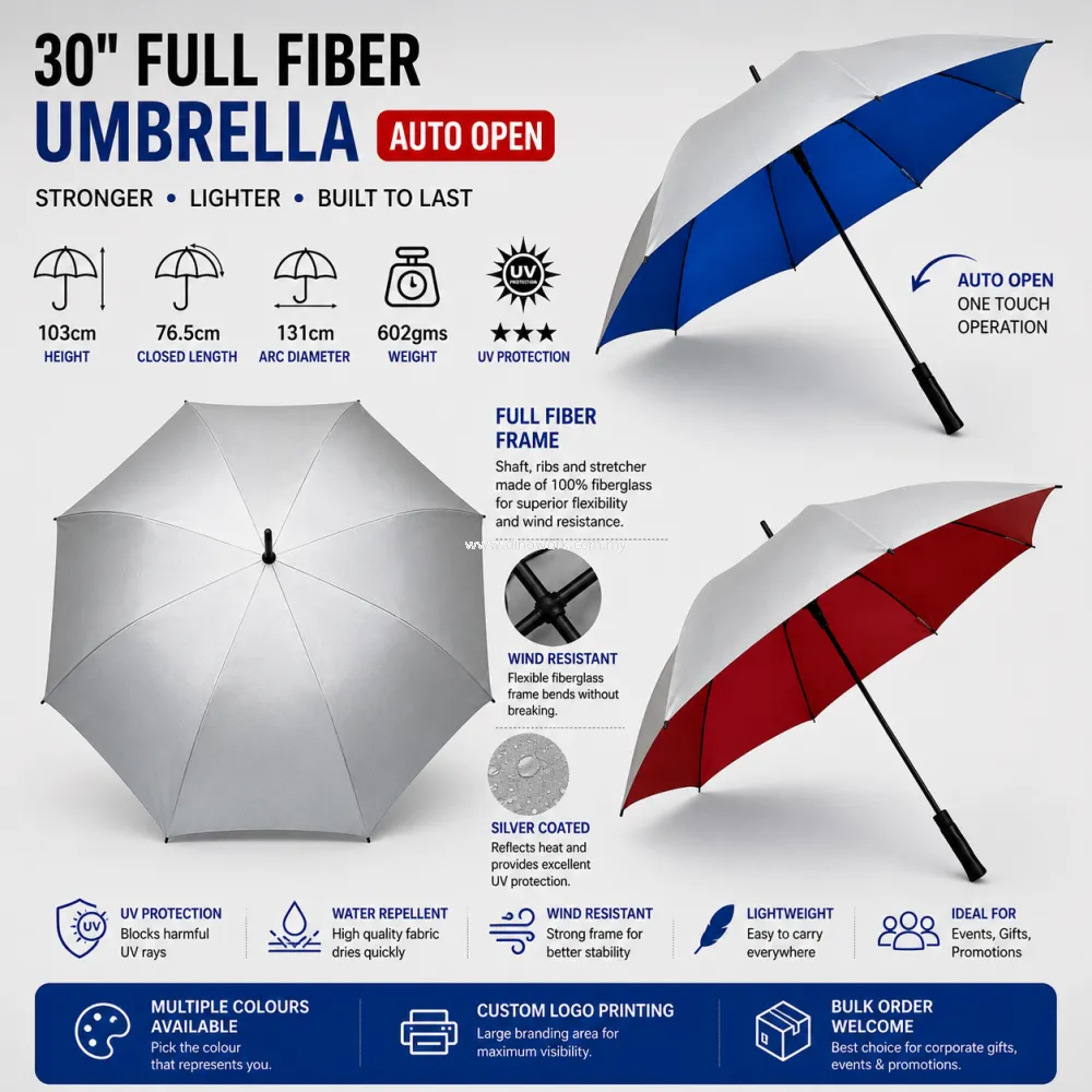Premium Fully Fiberglass UV Protection Auto Open Golf Umbrella (Silver Coated) 30in