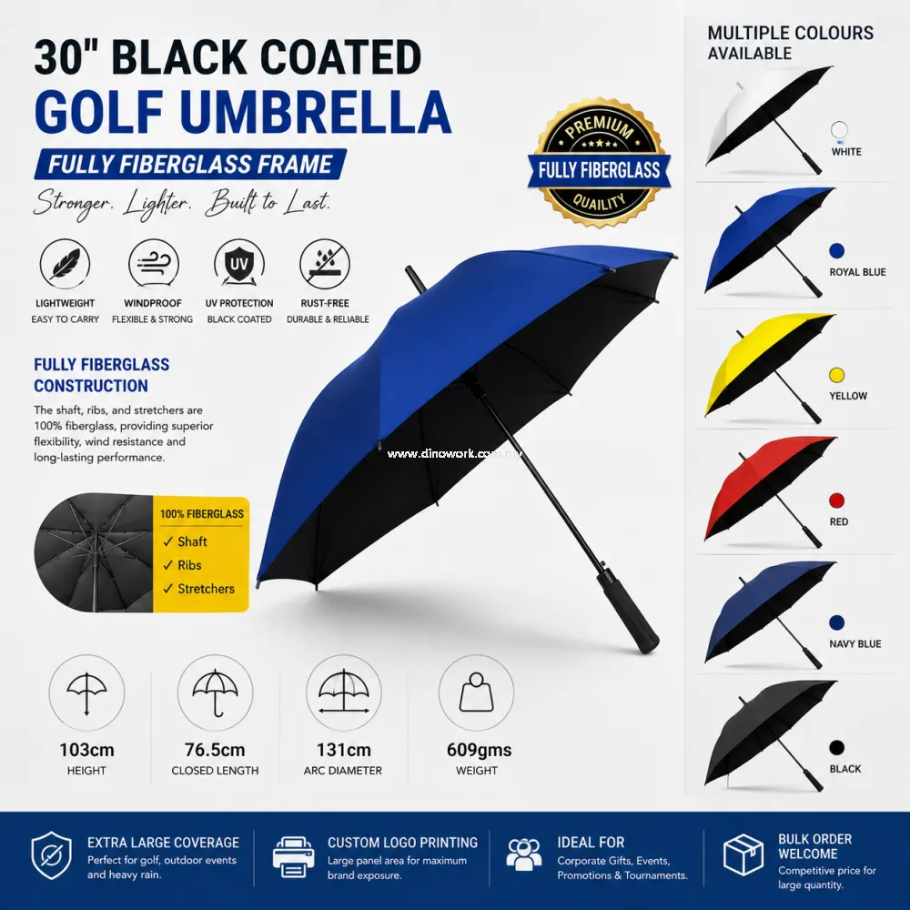 Premium Fully Fiberglass UV Protection Auto Open Golf Umbrella (Black Inner Coated) 30in