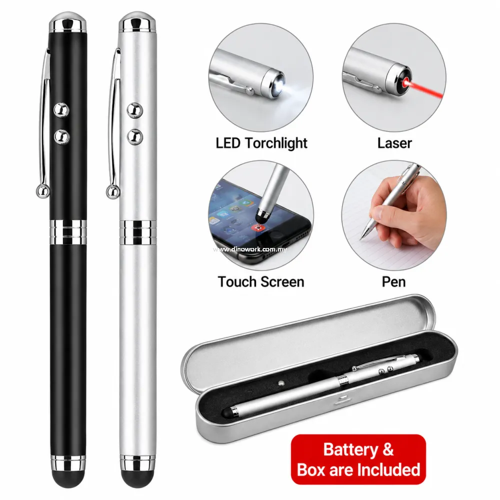 Multi-Function Stylus Pen with LED Light & Laser Pointer | Aluminium Box