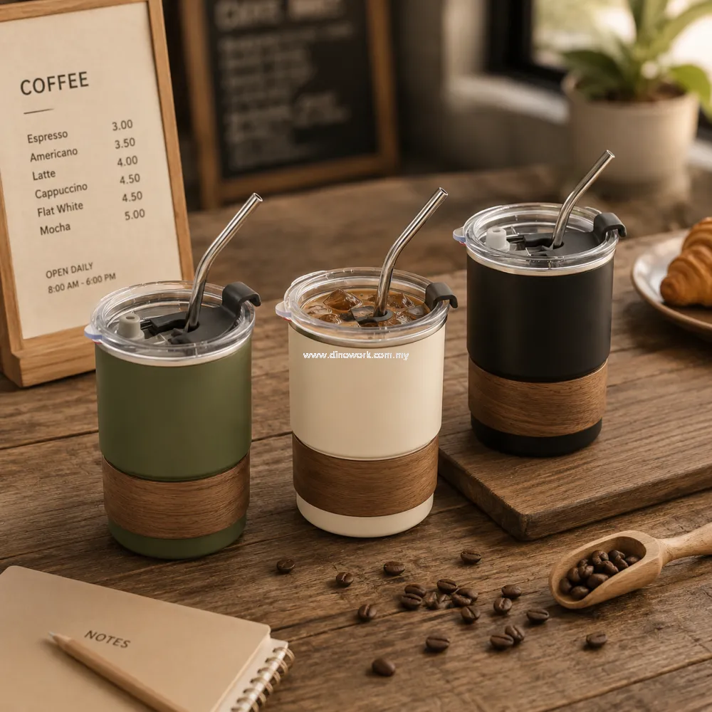 Premium Wood-Grain Coffee Tumbler with Stainless Steel Straw